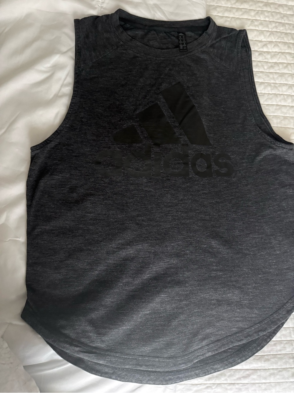 adidas women’s Tank Top in Charcoal Heather with Black Logo.